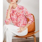 Factory Wholesale Womens Long Sleeve Floral Print Real Silk Blouse Office Lady 100% Mulberry Silk Designer Blouse Silk