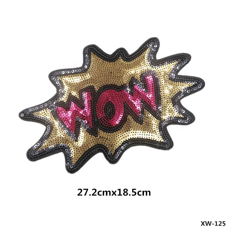 Fashion cloth embroidered clothing patch foreign trade boutique sequins embroidered large letters wow and pop