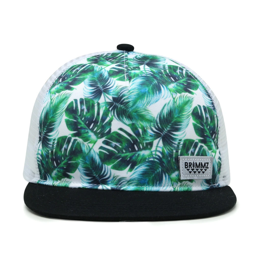 Fashion design 5 panels sublimation print green plant flower pattern trucker flat brim snapback cap hat