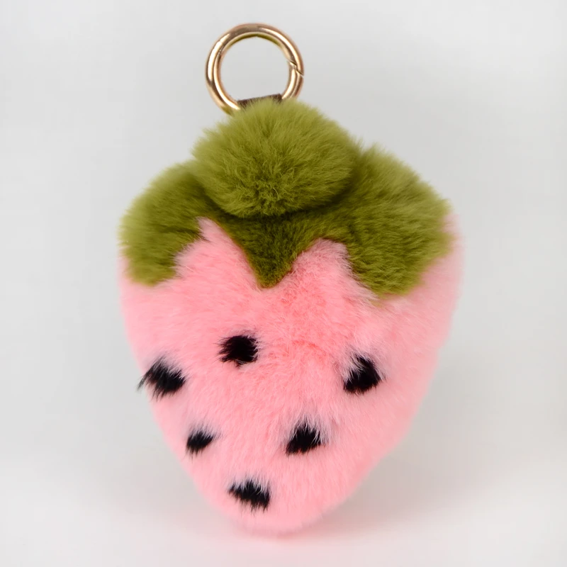 fashion plush jewelry real Rex Rabbit fur strawberry Plush KeyRing Fruit Pompon plush fur keychain bag charm