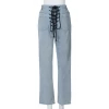 Fashion Streetwear Casual Straight Bandage Jeans With Strings Women Jeans Denim Jeans Women