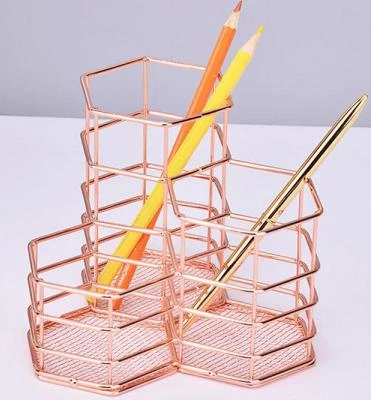 Golden Wire Mesh Brush Pot Pen Holder Metal Pen Pot Hollow Multifunction Hexagon Makeup Brush Vase Stationery Storage Organizer