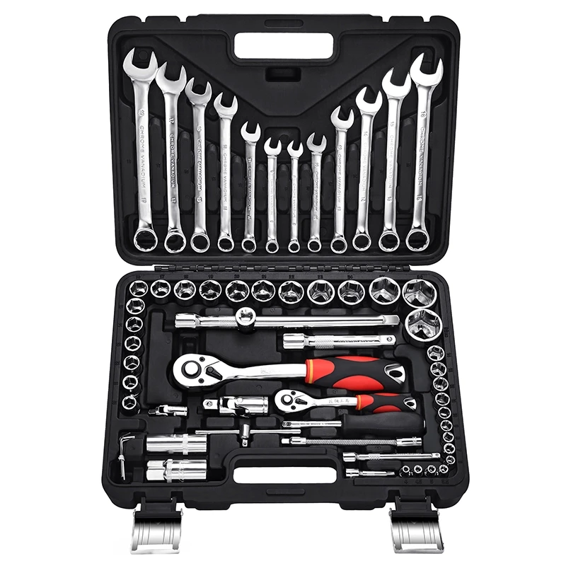 GoodKing 131 pcs professional machine repair tool set with 1/2", 1/4" Drive 24T Rotator Ratchet Wrench Sockets