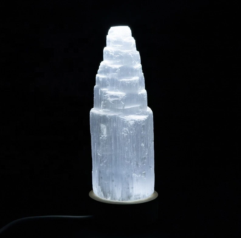 Hand Carved Many Size Natural Selenite Pillar Wand Lamps Selenite Healing Crystal Table Lamps