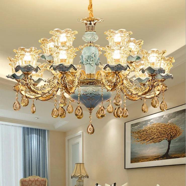 Hand Painted Ceramics With Gold European Style Crystal Chandelier Living Room Lamp Romantic French Restaurant Lights