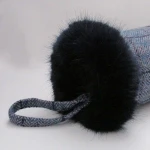 Harris Tweed Pink & Blue Herringbone Fashionable Hand Muff With Navy Faux Fur Trim