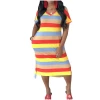 Hot Sale Casual Loose Striped Print Slit Dress Ladies V Neck T-shirt Dresses