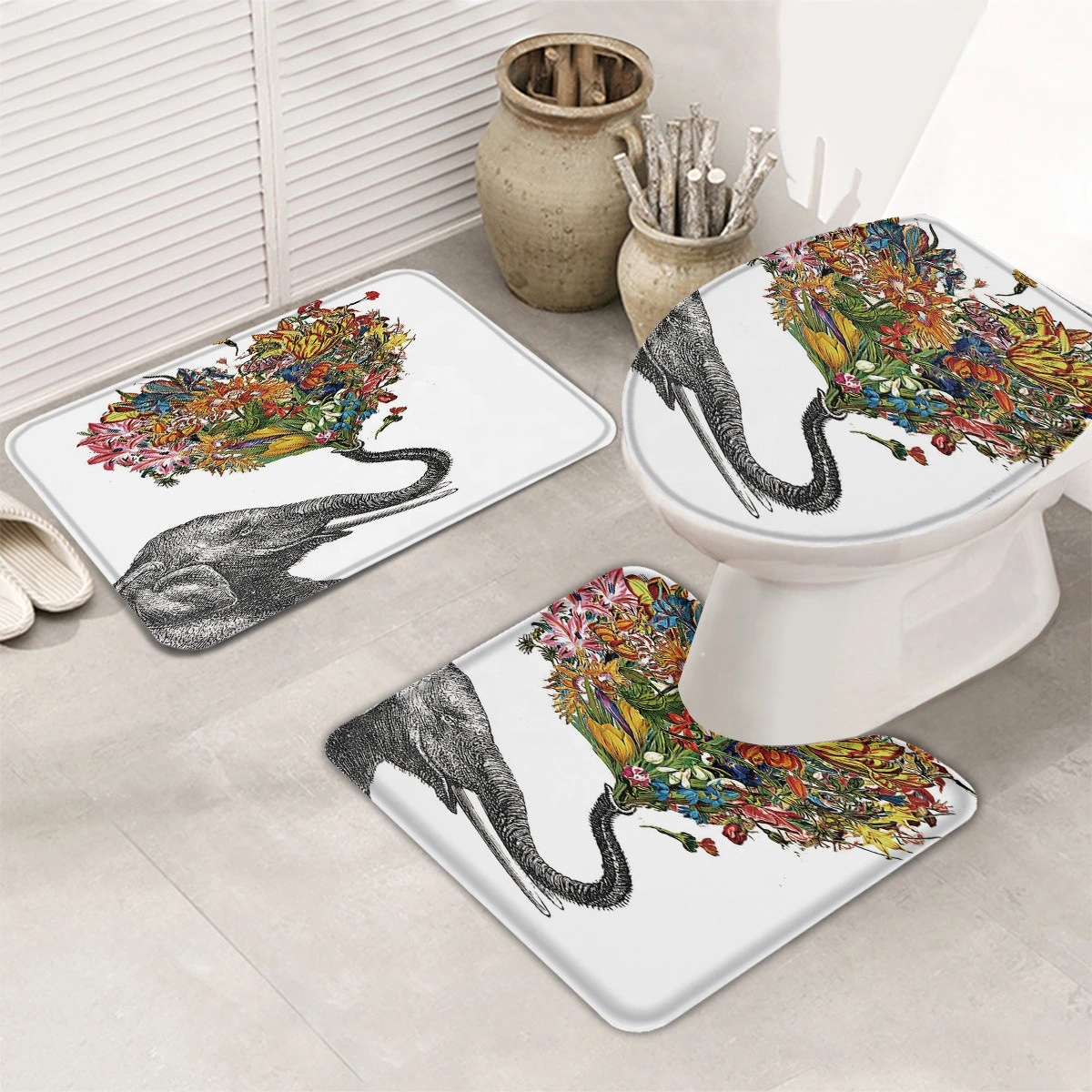 Hot selling Bohemia style flower and elephant printing design 3pcs bath mat set with toilet lip cover and floor rug