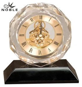 Hot Selling Round Diamond Edge Crystal Craft, Crystal Skeleton Gears Clock With Gold Face And Black Base.