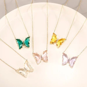 HOVANCI New Creative Real Gold Plated Green Glass Butterfly Necklace Clear Crystal Butterfly Necklace For Women Gift