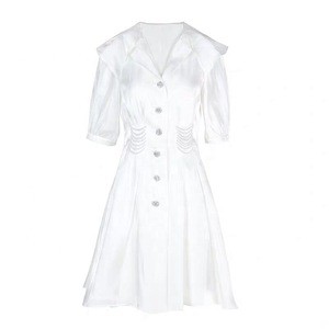 In stock satin gloss pearl beaded shirt dress short sleeve casual white summer women dresses