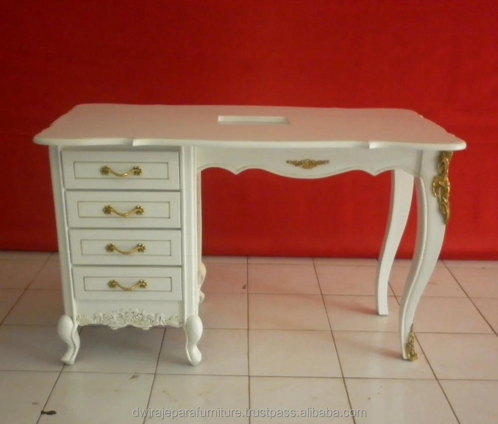 Indonesia Commercial Furniture - White Baroque Salon Furniture Nail Table 4 Drawers