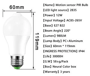 Lightweight 85-265V PIR Motion Human Sensor Bulb 12W Residential Lighting	2800k 6500k LED lamp