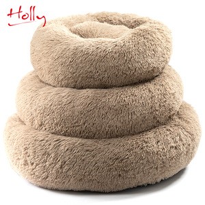 Long Faux Fur Fabric Dog Bed Comfortable Washable Pet Cushion Bed Donut Luxury Round Dog Bed