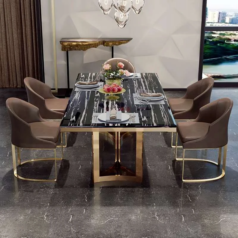 luxury dining room furniture set rectangular marble top gold stainless steel table with 6 chairs dining tables set