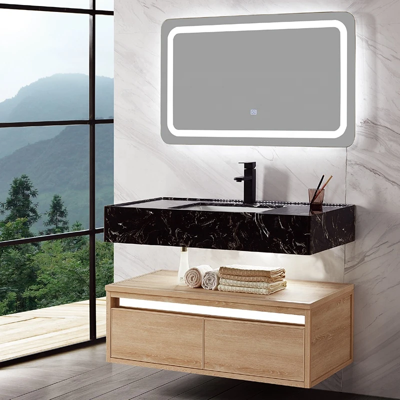 Marble stone double basin Bathroom  solid Vanities Furniture LED cabinets  Wall hang Artificial stone wash basin vanity