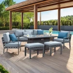 Modern Outdoor Garden Aluminum Sofa Set with Thick Cushion Teak Patio Rattan BBQ Table for Hotels Villas Courtyards Farmhouses