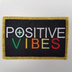 Motivational Emblem &quot;Positive Vibes&quot; Colorful Patch with Metallic Gold Thread, Iron-on Embroidered Patch; Size 3&quot;x2&quot;