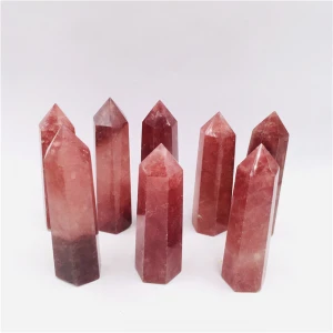 Natural Polished Hand Carved Folk Crafts Pink Strawberry Quartz Point Healing Crystals Stones Crystal Tower