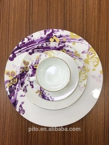 New Arrival pattern design dinner set Purple color decal bone china tableware for hotel use