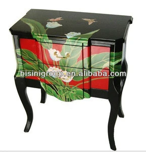 New Classical Chinoiserie Style Hand Painted Floral Bedside Table, Well Design Hand Painted Lacquerware BF06-1022