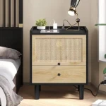 New Design Rattan Nightstand with Charging Station and Light Emitting Diode Nightstand with Flip Doors and Drawers