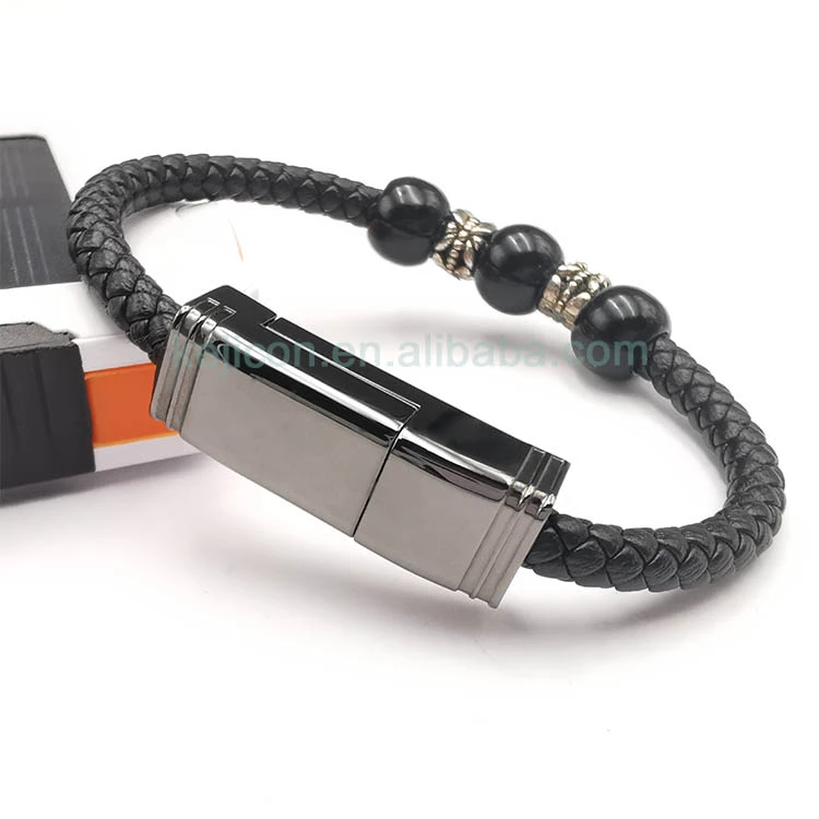 New Style Custom Logo Black Leather Usb Bracelet Phone Micro Type C Charging Data Cable