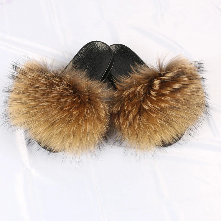 New styles mixed-color  fluffy fox fur slides slippers for women