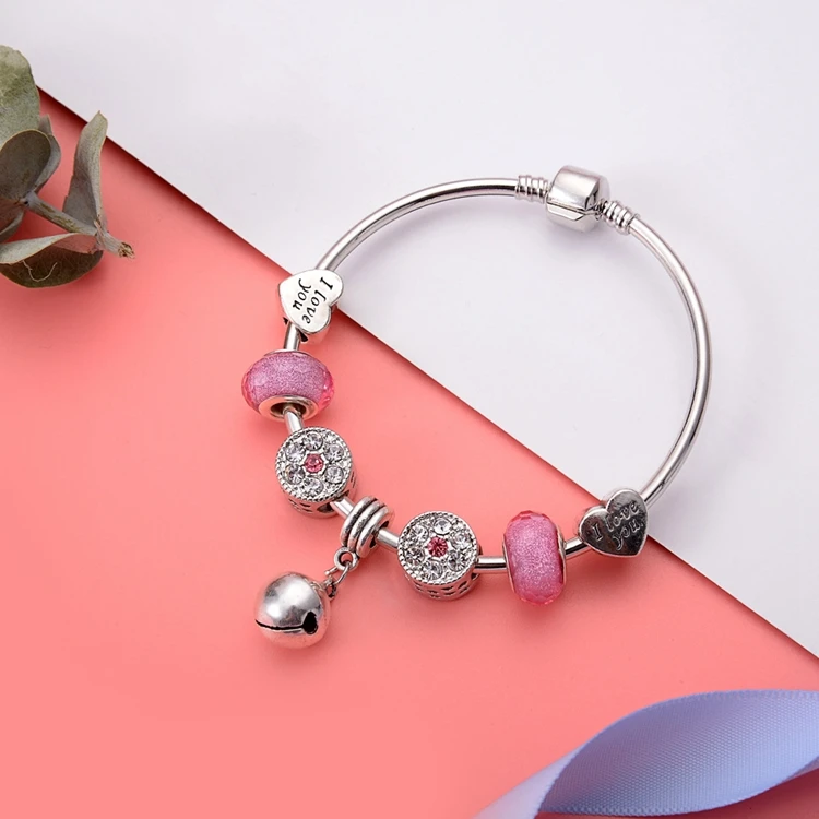 NUORO Creative Shiny Crystal I Love You Heart Hollow Round Glass Bead DIY Chain Charm Women Jewelry Bell Pendant Bangle Bracelet