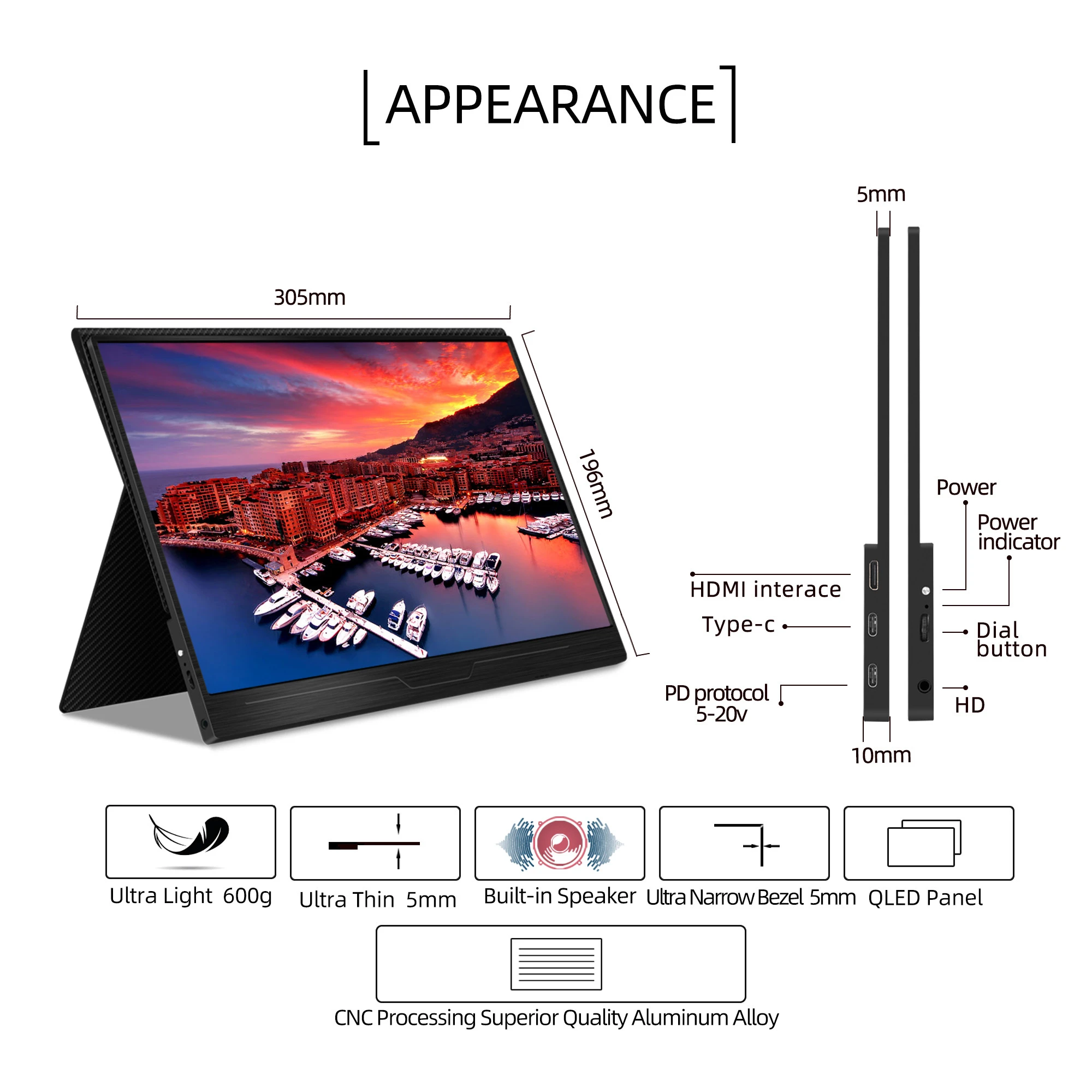 Portable Monitor 1080P 13.3 inch USB C  LCD Computer Display by Intehill