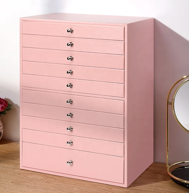 Ready To Ship Pink Tall Wooden Leather Jewelry Gift Box Modern Jewelry Organizer With 10 Drawers