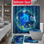 Sea World Dolphin Shower Curtain Set Bathroom Shower Curtain Non-Slip Bath Mat Toilet Lid Cover Polyester 4pcs Bath set