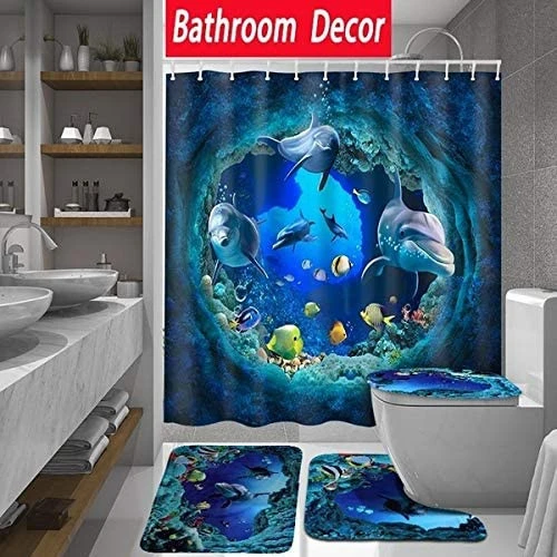 Sea World Dolphin Shower Curtain Set Bathroom Shower Curtain Non-Slip Bath Mat Toilet Lid Cover Polyester 4pcs Bath set