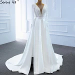 Serene Hill Satin White V Neck Sexy Wedding Party Dresses 2021 Long Sleeves Beading Pearls Women Bridal Gowns With Split HM67197