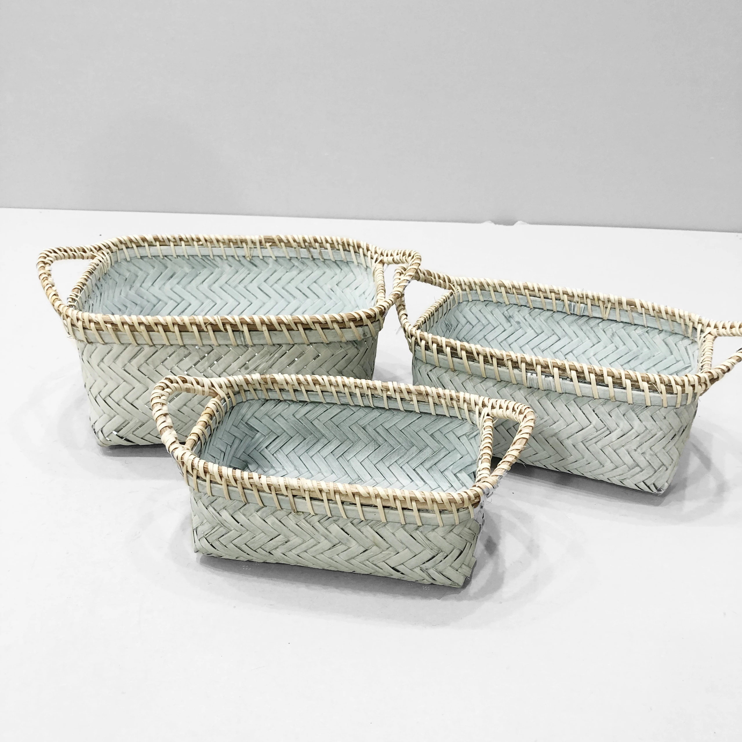 Set of 3 pieces Eco-friendly Handmade Bamboo Storage Basket Made in Vietnam Light grey color with handle
