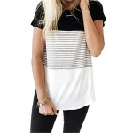 Short Sleeve Round Neck Triple Color Block Stripe T-Shirt Casual Blouse Women T Shirts And Tops