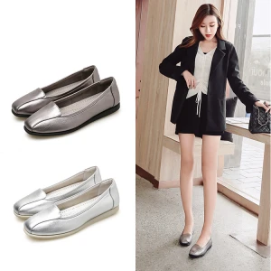 Silver Color Collapsible Genuine Leather Confortable Womens Flat Dress Shoes