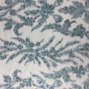 Sky Blue Embroidery Sequin Beaded Lace Fabric for Evening Gown