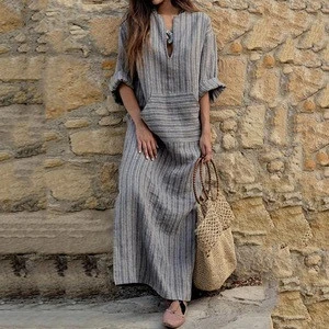 Spring and summer new large size women&#039;s cotton and linen pocket yarn-dyed loose long dress