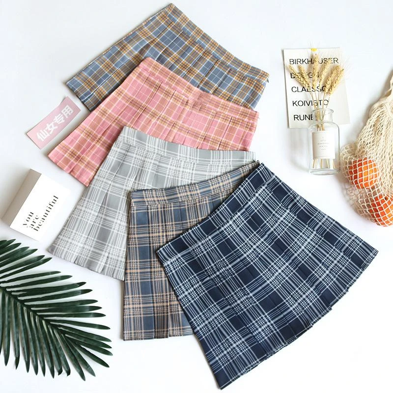 Summer casual skirt High Waist Stitching A-line young lady female students Plaid Pleated Cute Sweet Girls short Mini Skirt