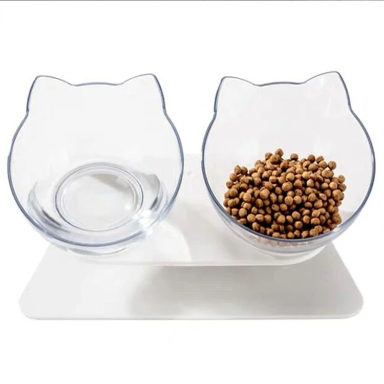 Transparent Cat Neck Protective  Pets Feeder 15 Degree Double Water Food Feeding Bowls for Pet