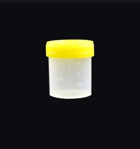 Urine sample collection bottles, one empty and sterile and the other filled with pee to be analyzed isolated on black background