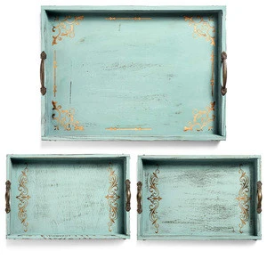 Vintage Aqua Blue Decorative Storage Tray Wooden  Serving Trays with Handles Coffee Tea Food Serving Tray