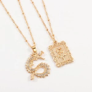 Vintage Jewelry Necklace Animal Crystal Rhinestone Rose Coin Pendant Multi layered Zodiac Gold Dragon Necklace