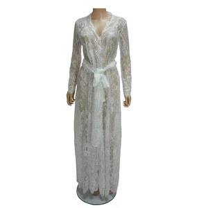 White Lace Ankle Length Wedding Dresses With Belt Customized Long Sleeves See Through Robes For Girls Sleepwear Night Wear