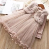 Wholesale Customized Good Quality Surface Chiffon Long Sweater Double Layered Dresses Princess Girls Winter Dresses With Fur