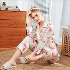 wholesale long sleeves piping and pants silk-like women satin nighties two pieces pajamas lounge wear