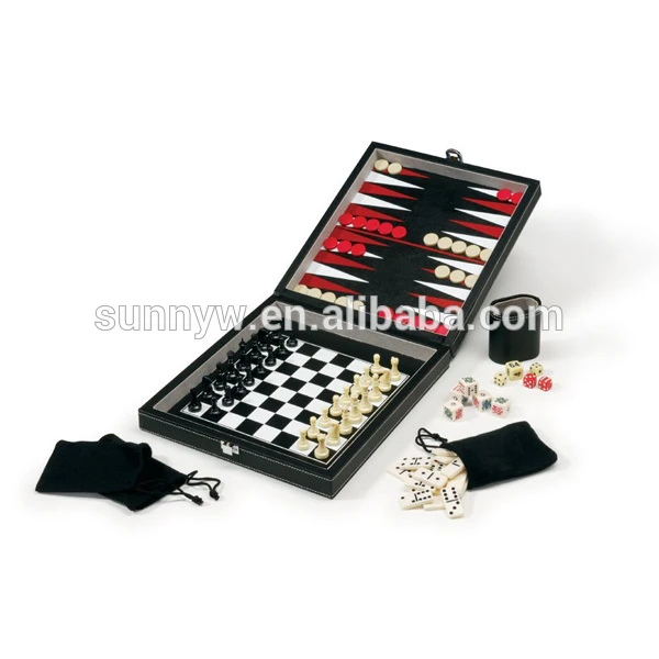 Wholesale Multifunctional 5-in-1 Game Set Chess Checkers Backgammon Domino and Poker Game Case