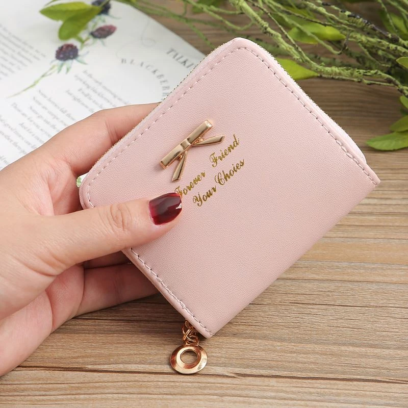 Wholesale Women Small Leather Wallet Simple Bowknot Card Holder Zipper Money Bag Coin Purse