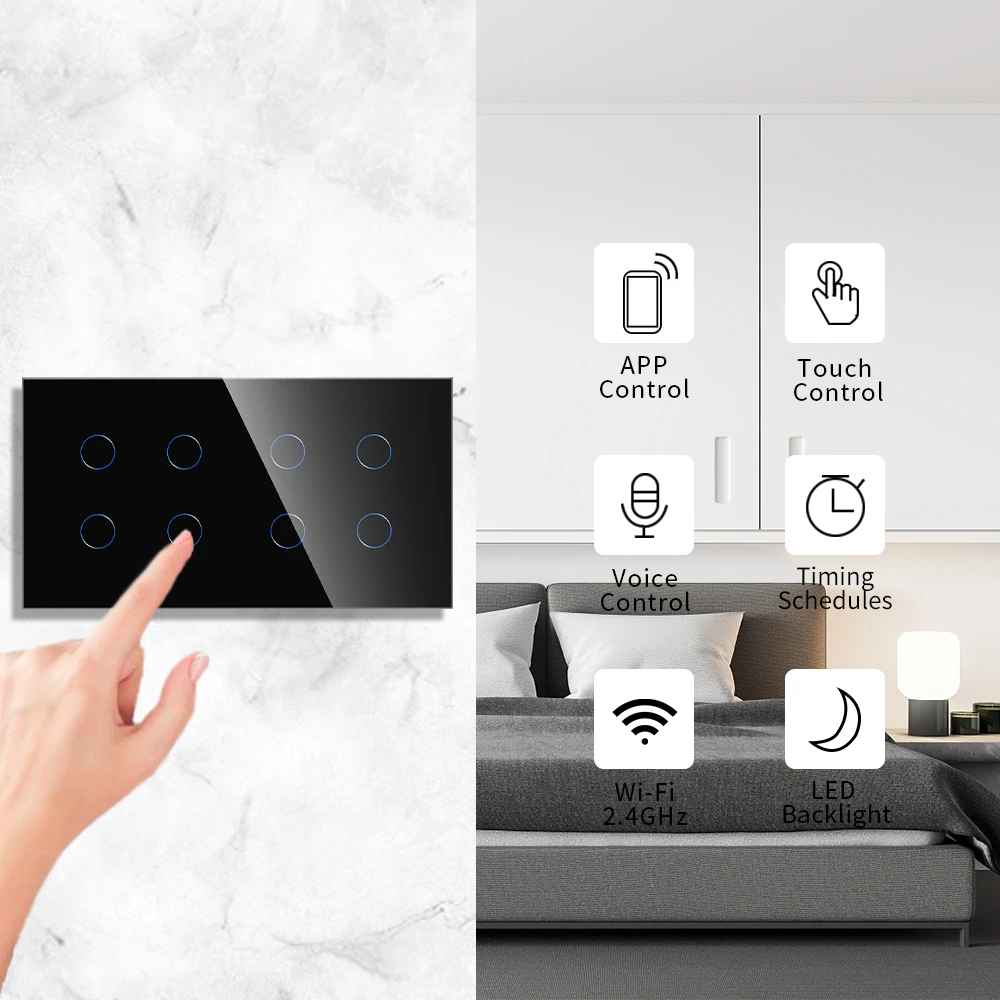WiFi Touch Smart Switch 4 Gang + 4Gang Light Remote Control Switch Toughened Glass Panel